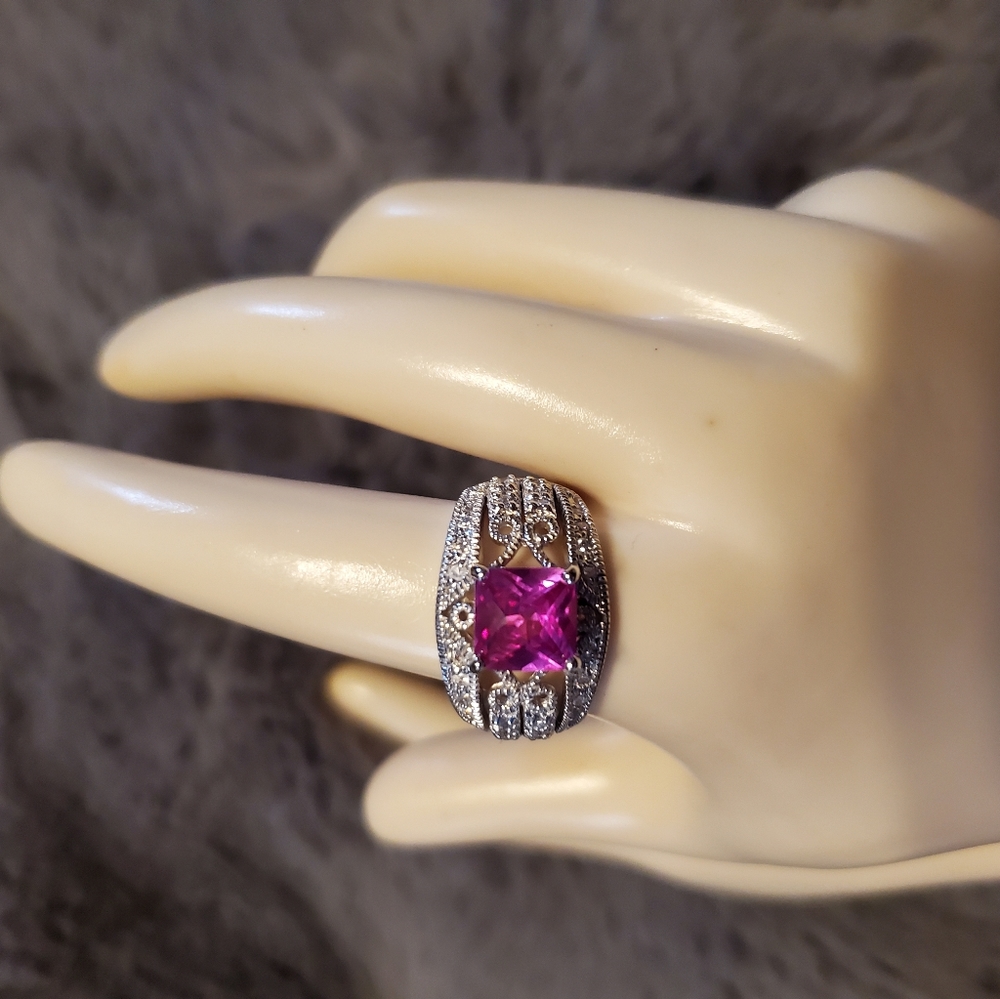 Lab Created Pink Sapphire w/28 CZ SS Ring, Sz 9 - Picture 7 of 12